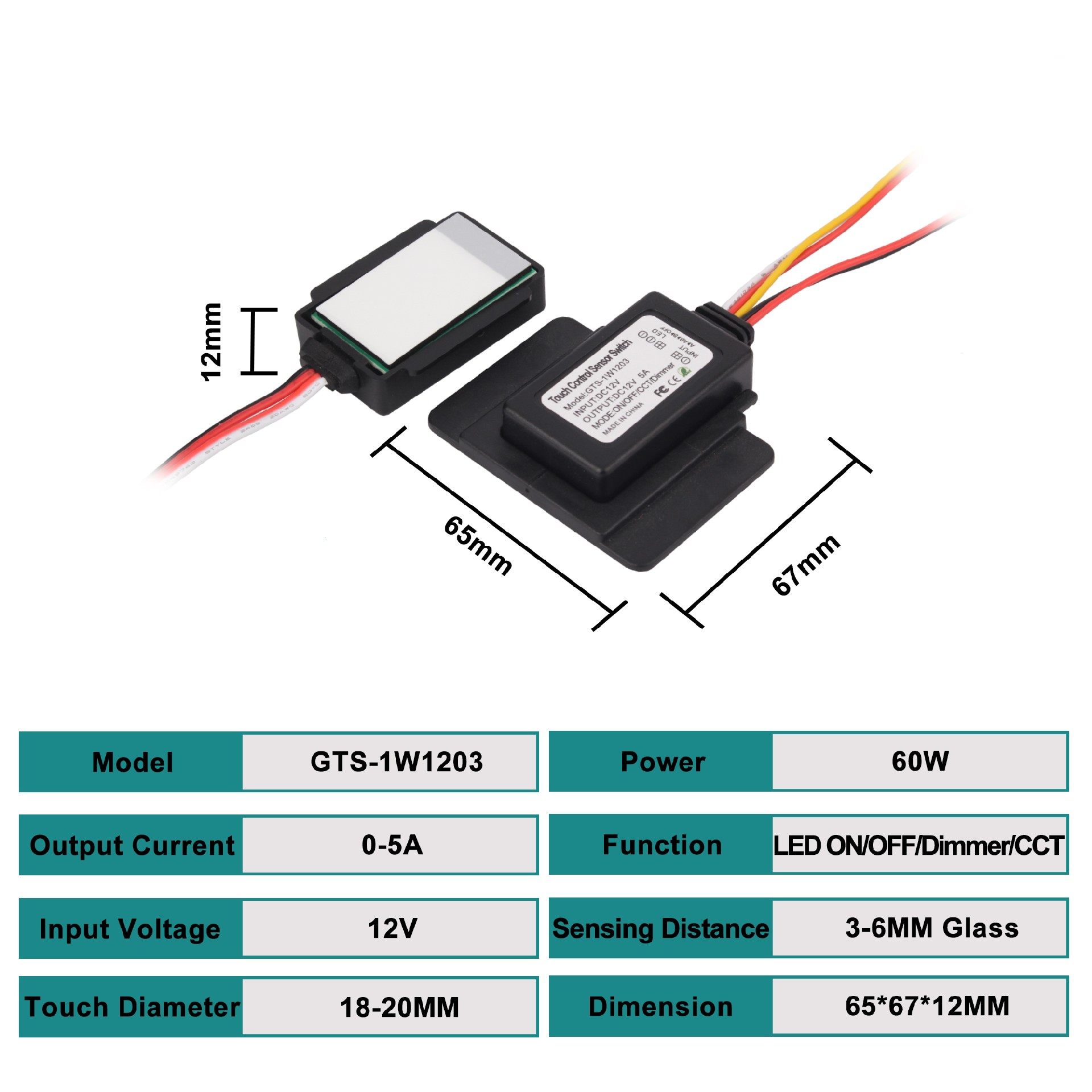 GTS-1W1203 dimmer CCT Single touch sensor for LED mirror