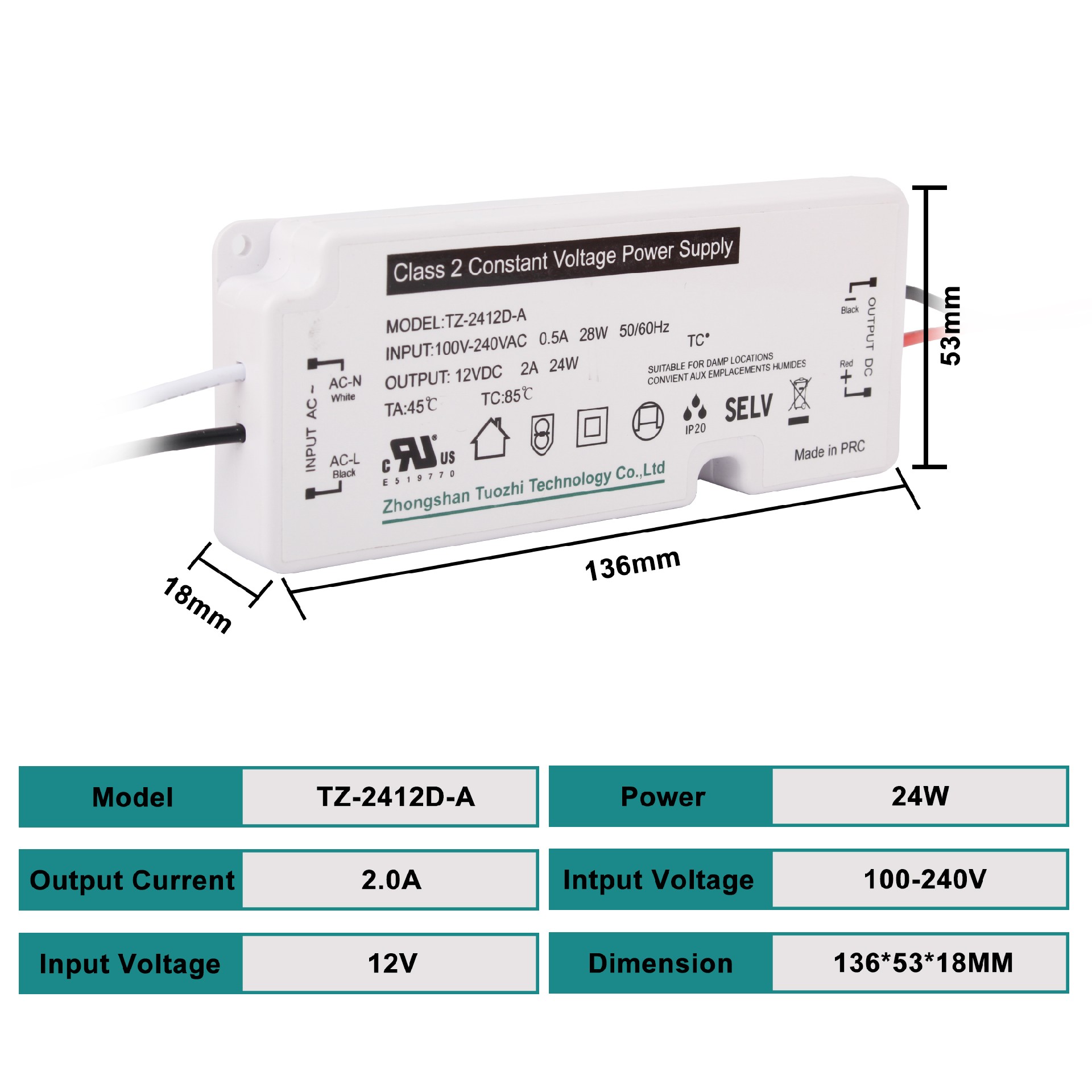 TZ-2412D-A  24W 12V 24V UL Ultra-thin LED Driver